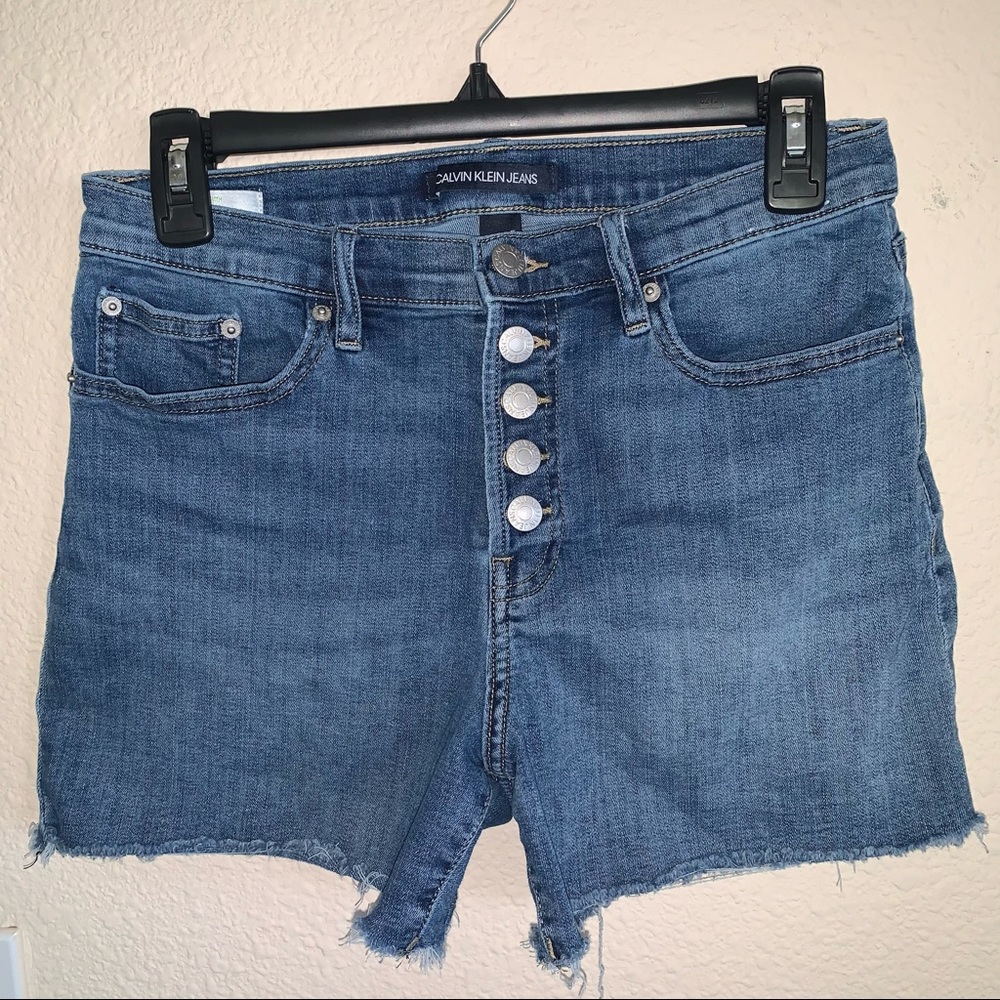 Calvin Klein Raw Hem High Rise Button Fly Jean Shorts